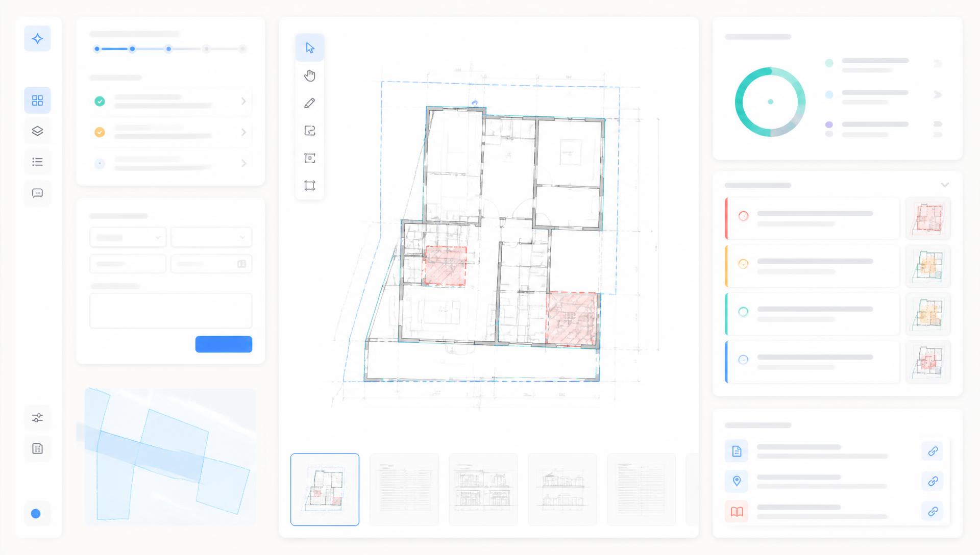 PlanSift workspace showing architectural plan sheets, zoning overlay lines, permit form fields, correction-note cards and a readiness score panel.